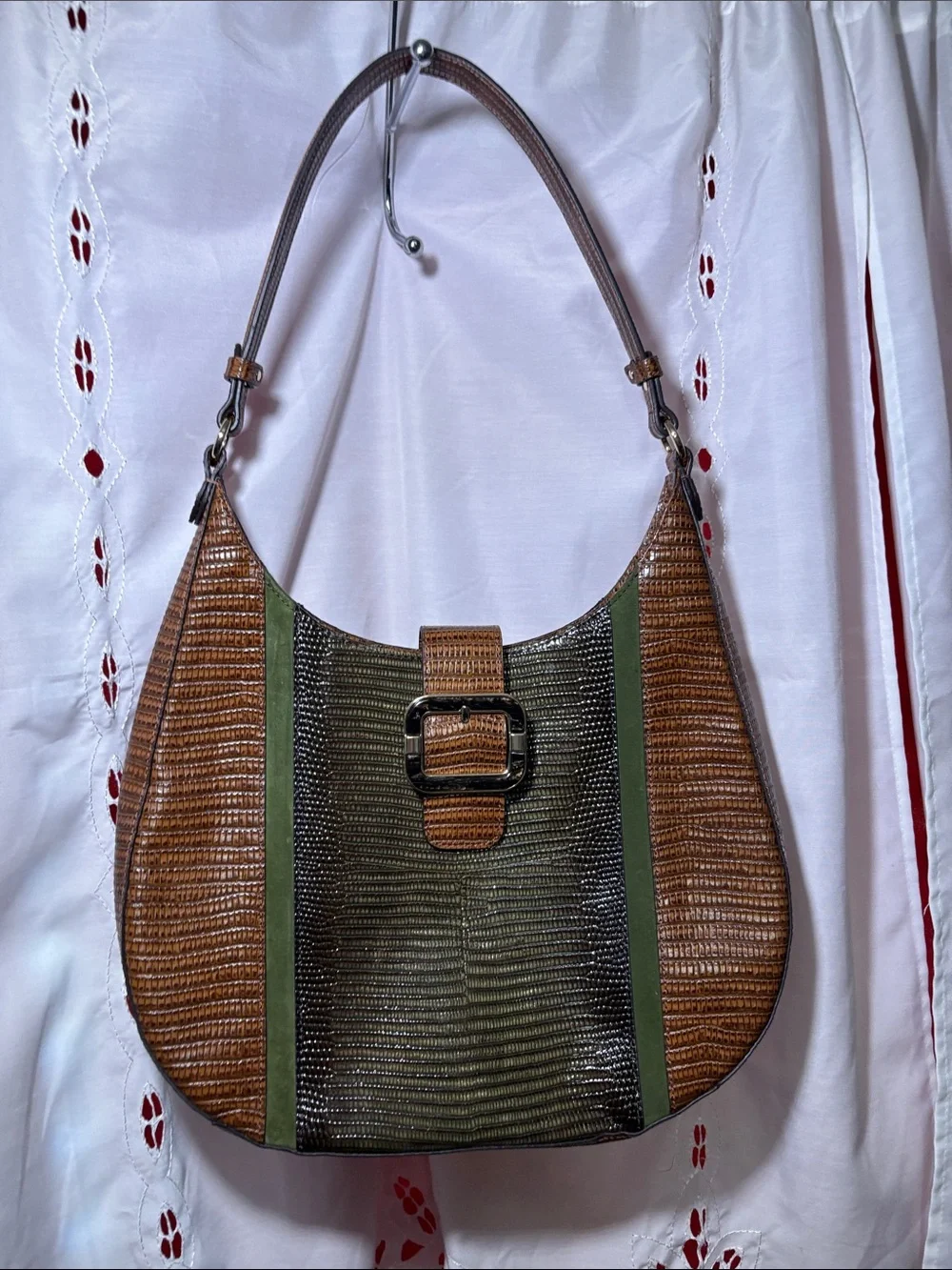 Brahmin Brown Croc-Embossed Hobo Bag with Olive Stripes